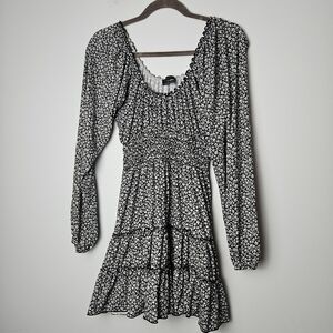 Urban Outfitters Smocked Peasant Sleeve Mini Dress Black‎ White Small Stretchy